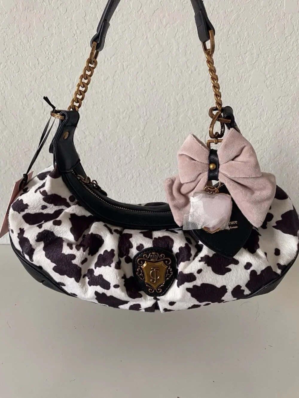 Juicy Couture Romance Cow Print Hobo Coho Bag‎ Liquorice White W/Charm Viral NEW